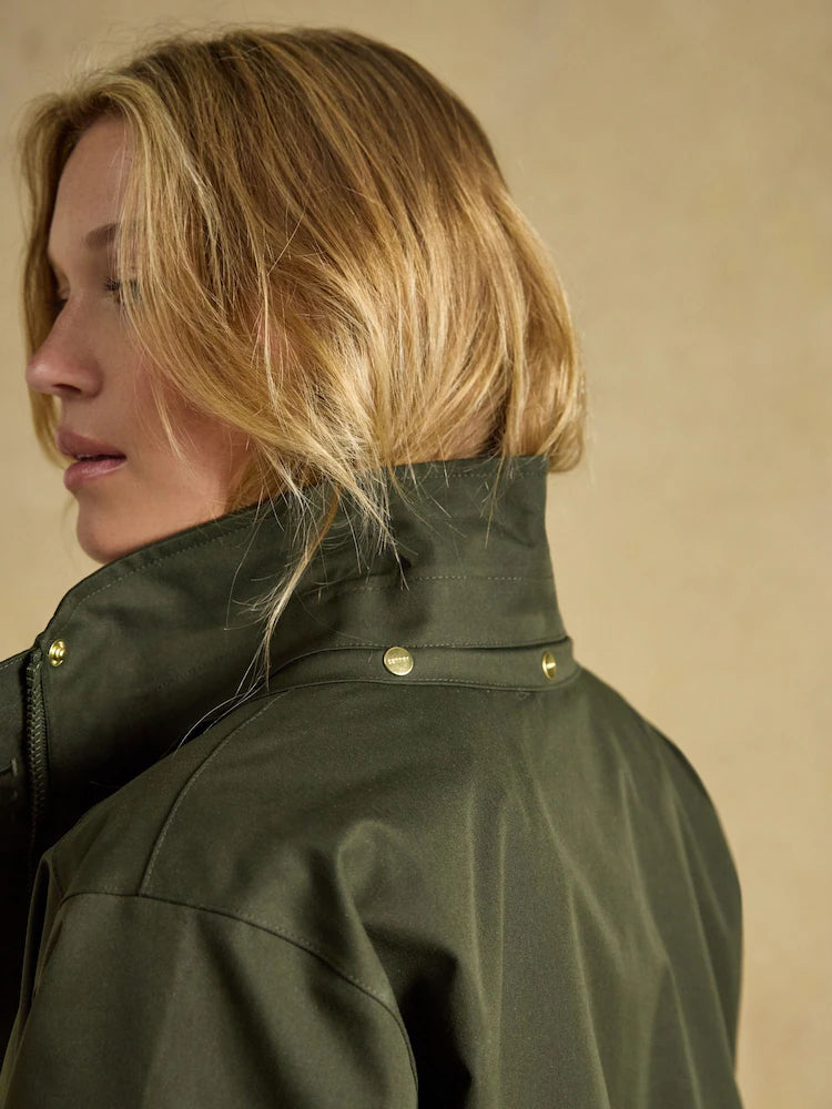 Joules Stormwell Khaki Green Waterproof Longline Raincoat with Hood