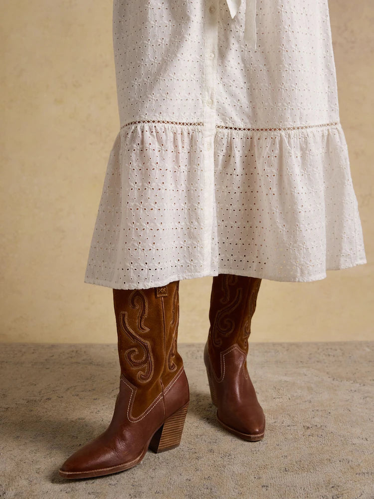 Joules Susanna Chalk White Short Sleeve Broderie Midi Dress