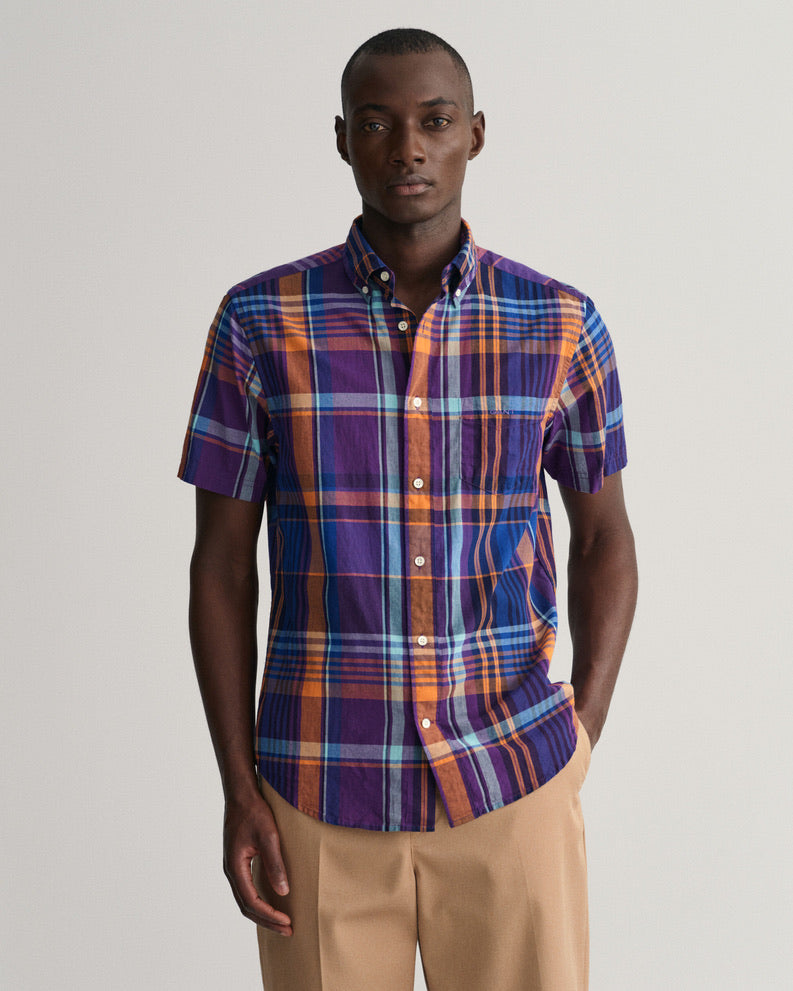 Gant Regular Fit Colourful Madras Short Sleeved Shirt - Dark Violet