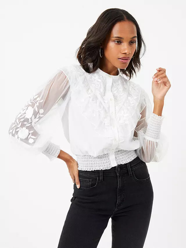 French Connection Abra Embroided Mesh frill Blouse - Summer White